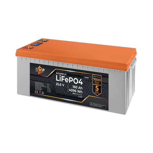 Аккумулятор LP LiFePO4 25,6V - 160 Ah (4096Wh) (BMS 150A/75А) пластик LCD 24407 фото