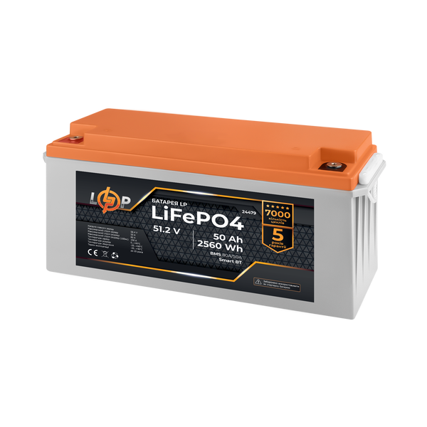 Акумулятор LP LiFePO4 51,2V - 50 Ah (2560Wh) (BMS 80A/50А) пластик Smart BT 24479 фото