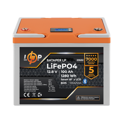 Акумулятор LP LiFePO4 12,8V - 100 Ah (1280Wh) (BMS 100A/50А) пластик LCD Smart BT 23532 фото