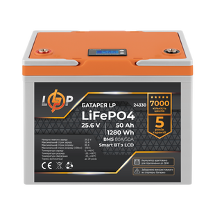 Акумулятор LP LiFePO4 25,6V - 50 Ah (1280Wh) (BMS 80A/50А) пластик LCD Smart BT 24330 фото