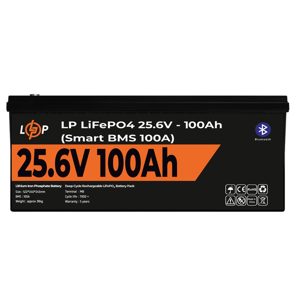 Акумулятор LP LiFePO4 24V (25,6V) - 100 Ah (2560Wh) (Smart BMS 100А) з BT пластик для ДБЖ 20200 фото