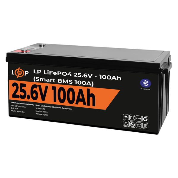 Акумулятор LP LiFePO4 24V (25,6V) - 100 Ah (2560Wh) (Smart BMS 100А) з BT пластик для ДБЖ 20200 фото