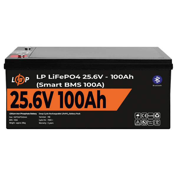 Акумулятор LP LiFePO4 24V (25,6V) - 100 Ah (2560Wh) (Smart BMS 100А) з BT пластик для ДБЖ 20200 фото