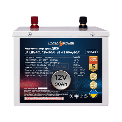 Акумулятор LP LiFePO4 для ДБЖ 12V (12,8V) - 90 Ah (1152Wh) (BMS 80A/40A) металл 18043 фото