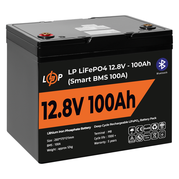 Акумулятор LP LiFePO4 12V (12,8V) - 100 Ah (1280Wh) (Smart BMS 100А) з BT пластик для ДБЖ 20197 фото