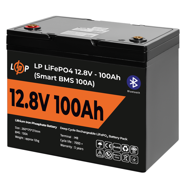 Акумулятор LP LiFePO4 12V (12,8V) - 100 Ah (1280Wh) (Smart BMS 100А) з BT пластик для ДБЖ 20197 фото