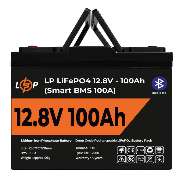 Акумулятор LP LiFePO4 12V (12,8V) - 100 Ah (1280Wh) (Smart BMS 100А) з BT пластик для ДБЖ 20197 фото