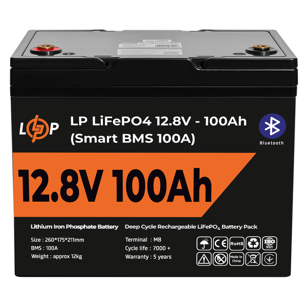 Акумулятор LP LiFePO4 12V (12,8V) - 100 Ah (1280Wh) (Smart BMS 100А) з BT пластик для ДБЖ 20197 фото