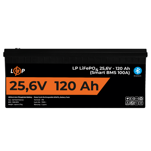 Акумулятор LP LiFePO4 25,6V - 120 Ah (3072Wh) (Smart BMS 100А) з BT пластик для ДБЖ 22424 фото
