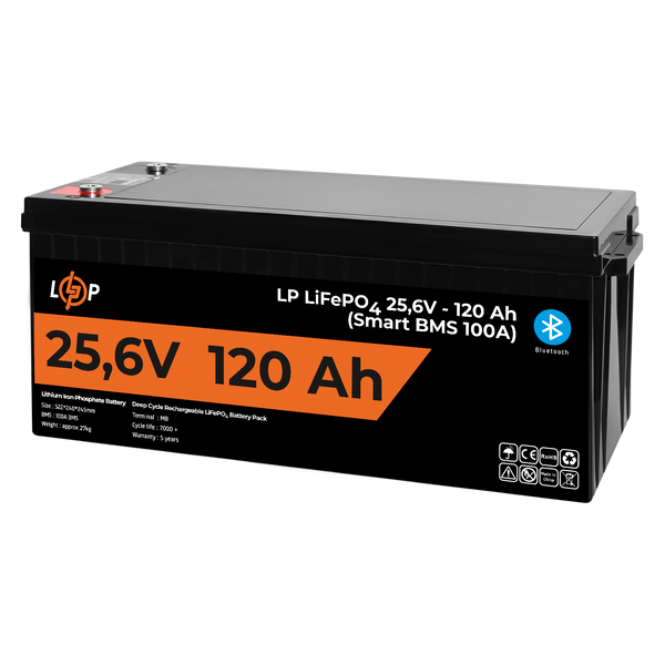 Акумулятор LP LiFePO4 25,6V - 120 Ah (3072Wh) (Smart BMS 100А) з BT пластик для ДБЖ 22424 фото