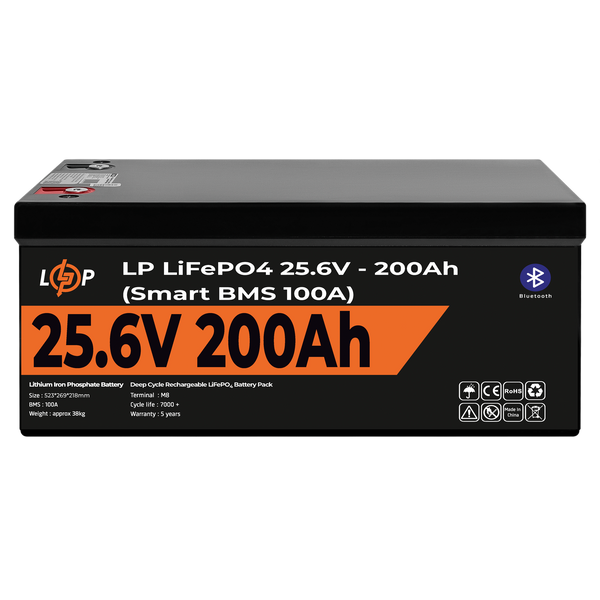 Акумулятор LP LiFePO4 24V (25,6V) - 200 Ah (5120Wh) (Smart BMS 100А) з BT пластик для ДБЖ 20201 фото