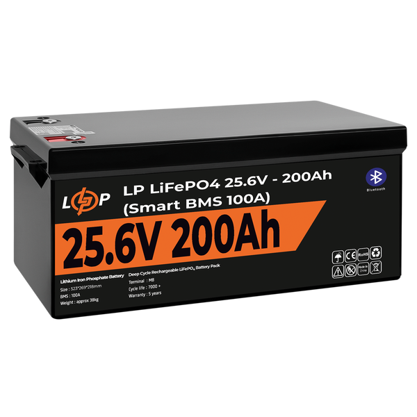 Акумулятор LP LiFePO4 24V (25,6V) - 200 Ah (5120Wh) (Smart BMS 100А) з BT пластик для ДБЖ 20201 фото