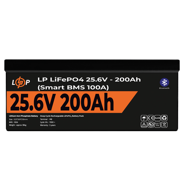 Акумулятор LP LiFePO4 24V (25,6V) - 200 Ah (5120Wh) (Smart BMS 100А) з BT пластик для ДБЖ 20201 фото