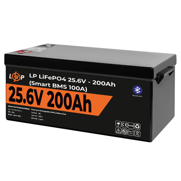 Акумулятор LP LiFePO4 24V (25,6V) - 200 Ah (5120Wh) (Smart BMS 100А) з BT пластик для ДБЖ 20201 фото